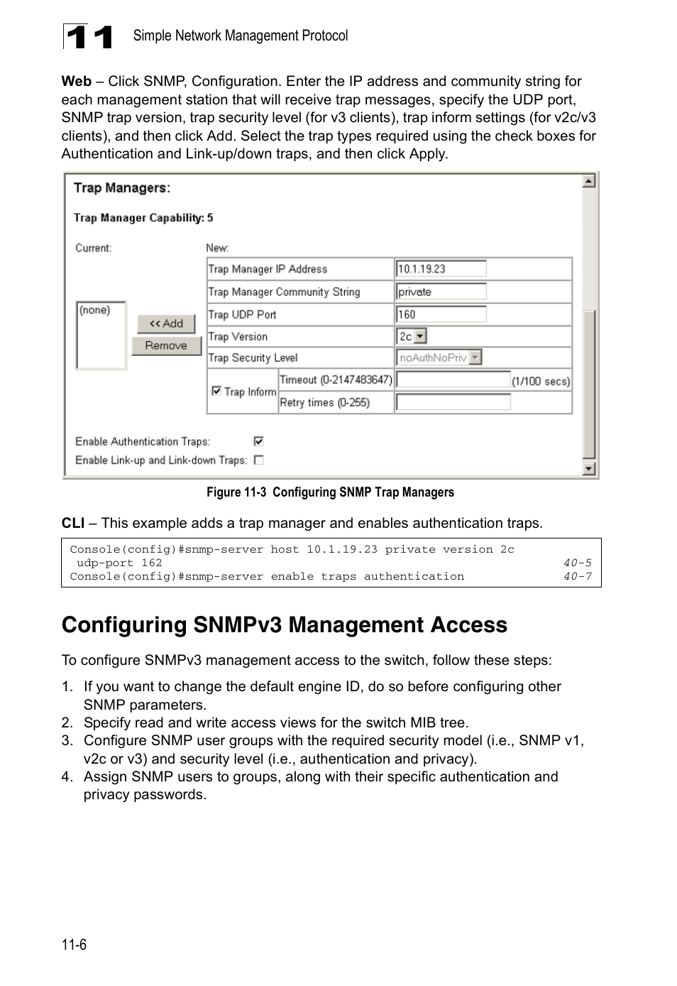 Configuring snmpv3 management access, Figure 11-3, Configuring snmp trap managers | Accton Technology ES4524D User Manual | Page 106 / 588