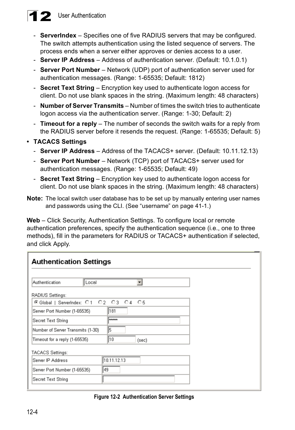 Figure 12-2, Authentication server settings | Accton Technology ES4524D User Manual | Page 122 / 588