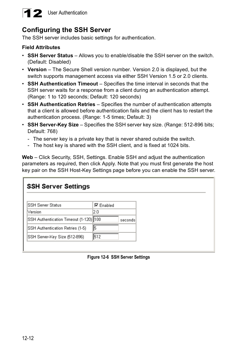 Configuring the ssh server, Figure 12-6, Ssh server settings | Accton Technology ES4524D User Manual | Page 130 / 588