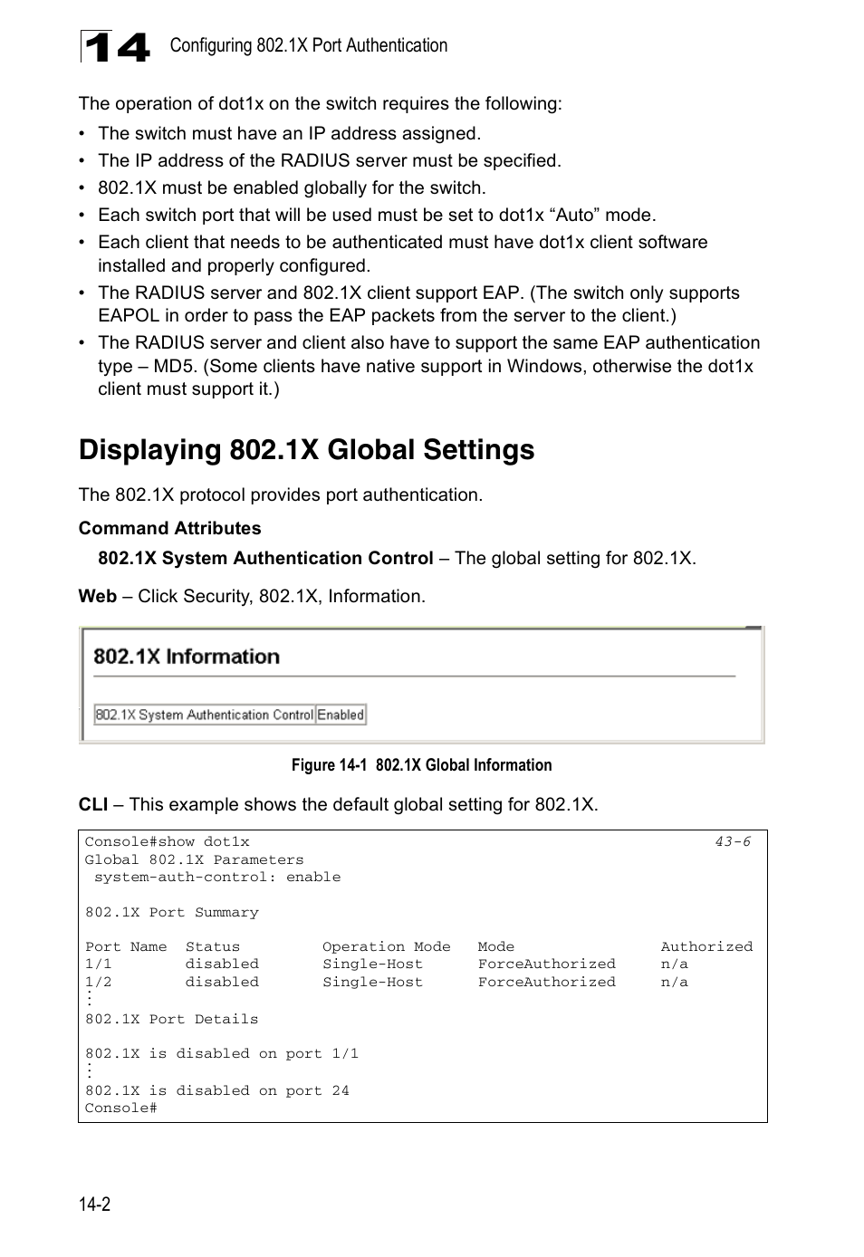 Displaying 802.1x global settings, Figure 14-1, 1x global information | Accton Technology ES4524D User Manual | Page 136 / 588