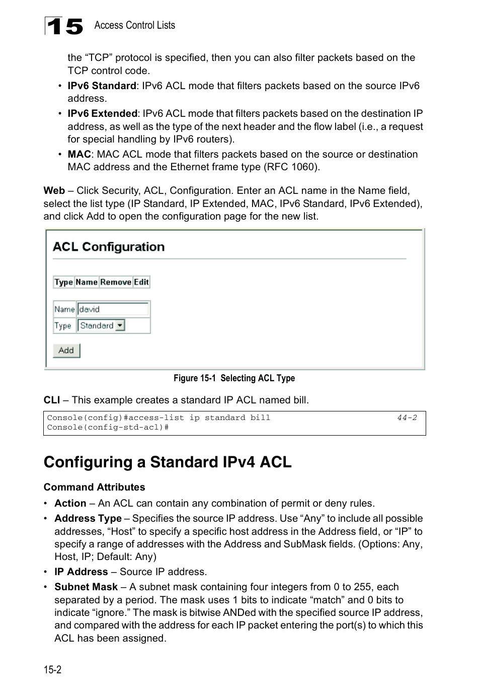 Configuring a standard ipv4 acl, Figure 15-1, Selecting acl type | Accton Technology ES4524D User Manual | Page 144 / 588