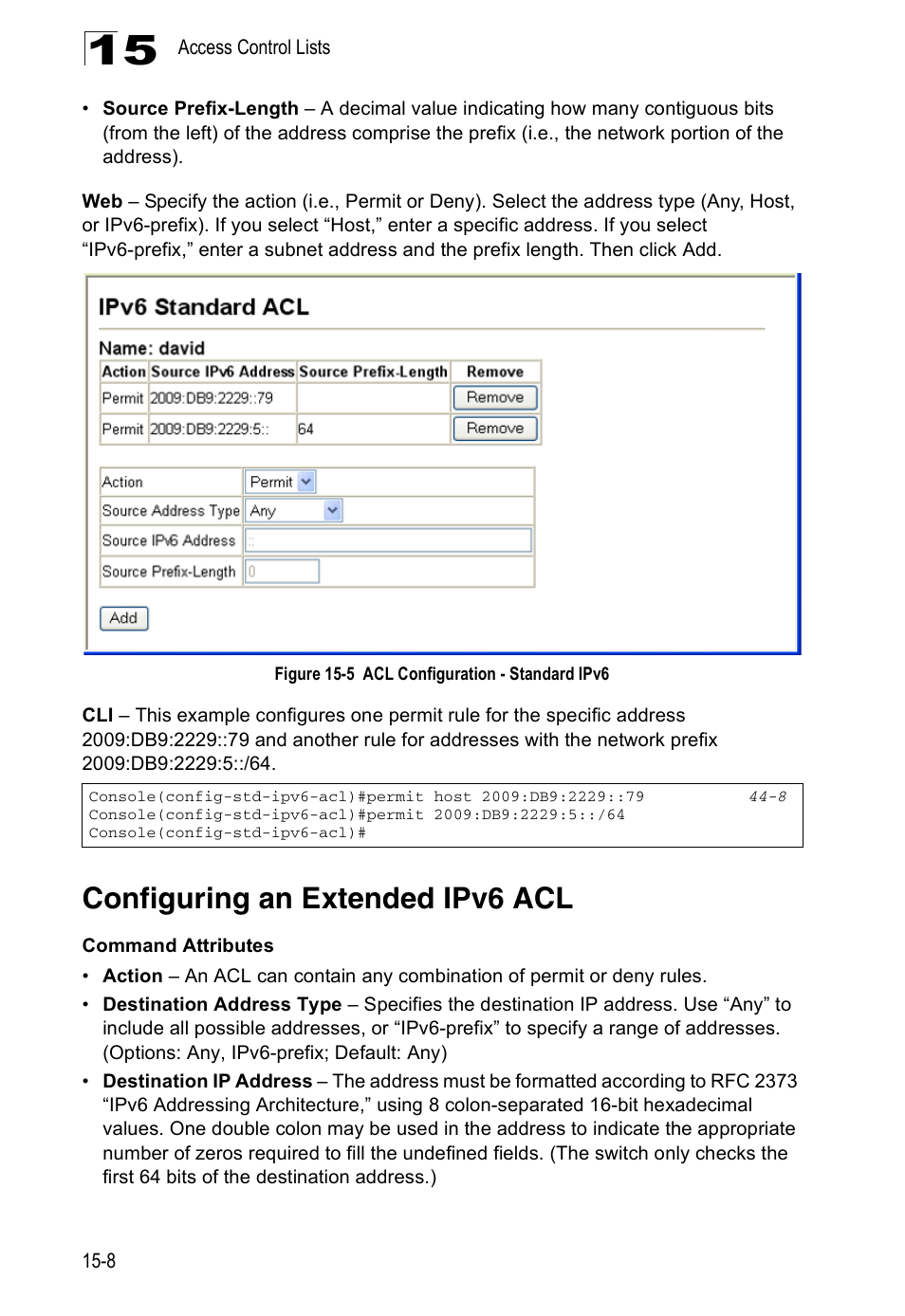 Configuring an extended ipv6 acl, Figure 15-5, Acl configuration - standard ipv6 | Accton Technology ES4524D User Manual | Page 150 / 588