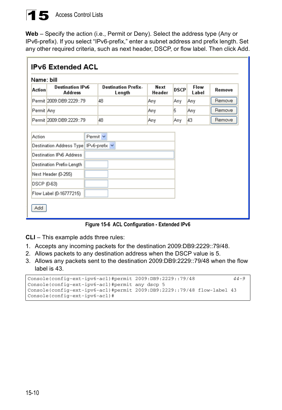 Figure 15-6, Acl configuration - extended ipv6 | Accton Technology ES4524D User Manual | Page 152 / 588