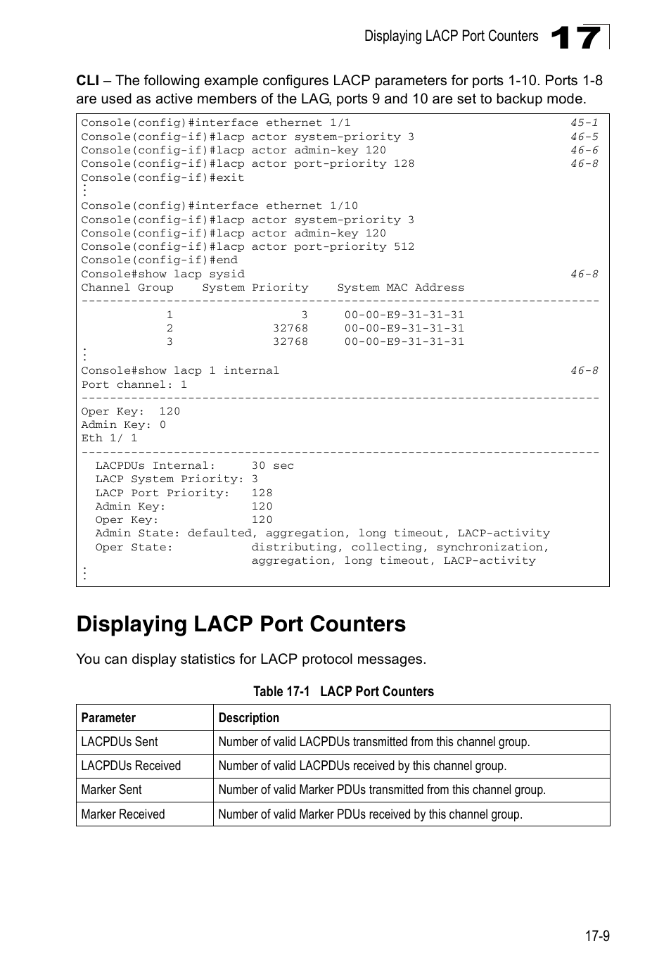 Displaying lacp port counters, Table 17-1, Lacp port counters | Accton Technology ES4524D User Manual | Page 173 / 588