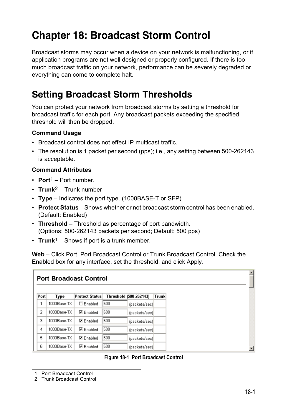 Chapter 18: broadcast storm control, Setting broadcast storm thresholds, Figure 18-1 | Port broadcast control, Broadcast storm control | Accton Technology ES4524D User Manual | Page 179 / 588