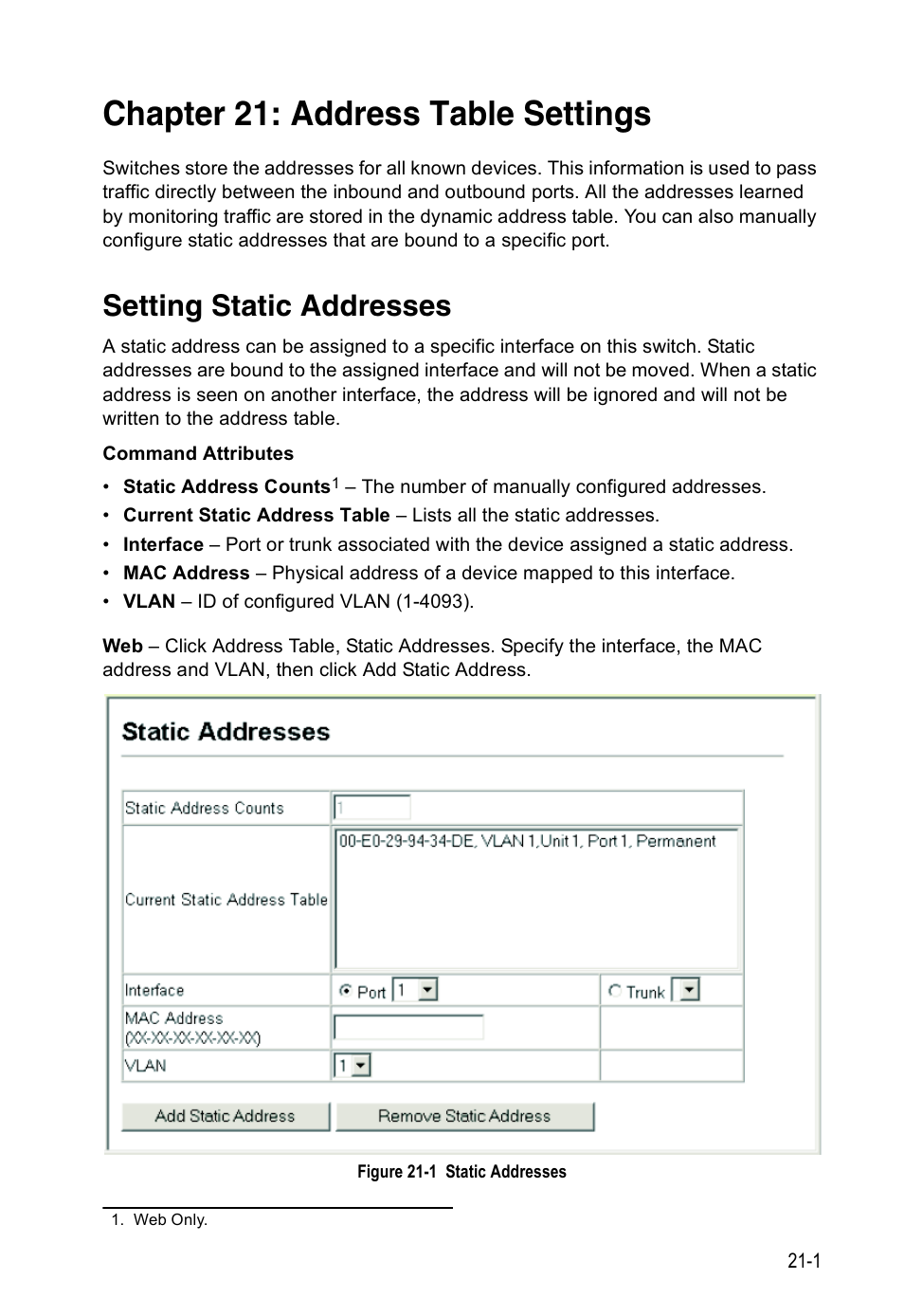 Chapter 21: address table settings, Setting static addresses, Figure 21-1 | Static addresses, Address table settings | Accton Technology ES4524D User Manual | Page 185 / 588