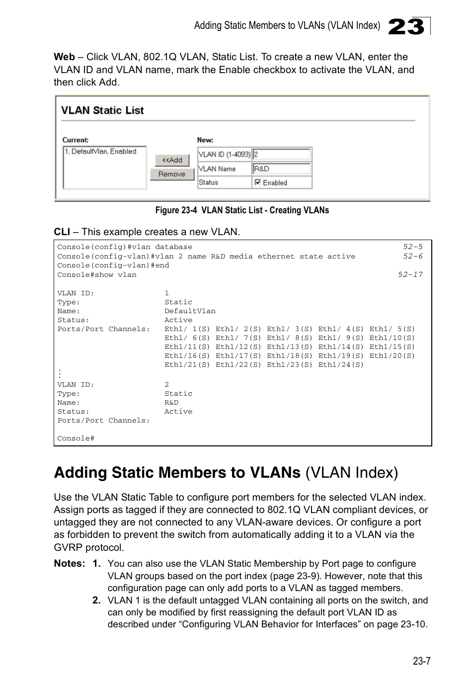 Adding static members to vlans (vlan index), Figure 23-4, Vlan static list - creating vlans | Accton Technology ES4524D User Manual | Page 215 / 588