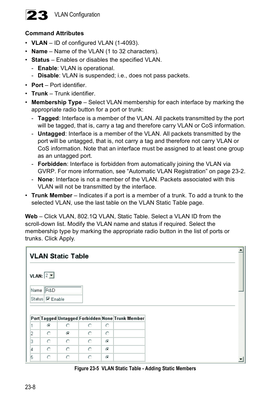 Figure 23-5, Vlan static table - adding static members | Accton Technology ES4524D User Manual | Page 216 / 588