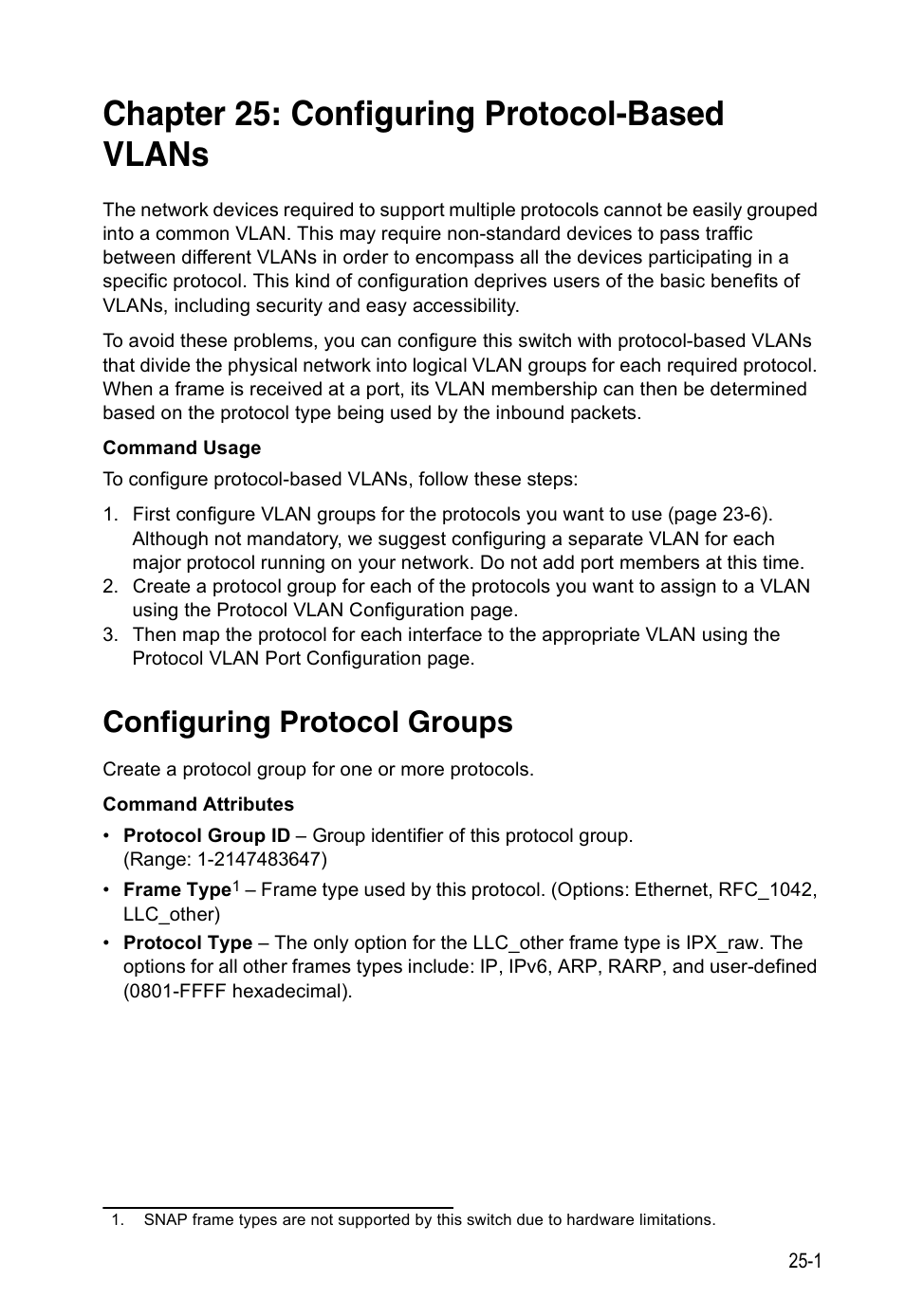 Chapter 25: configuring protocol-based vlans, Configuring protocol groups, Configuring protocol-based vlans | Accton Technology ES4524D User Manual | Page 229 / 588