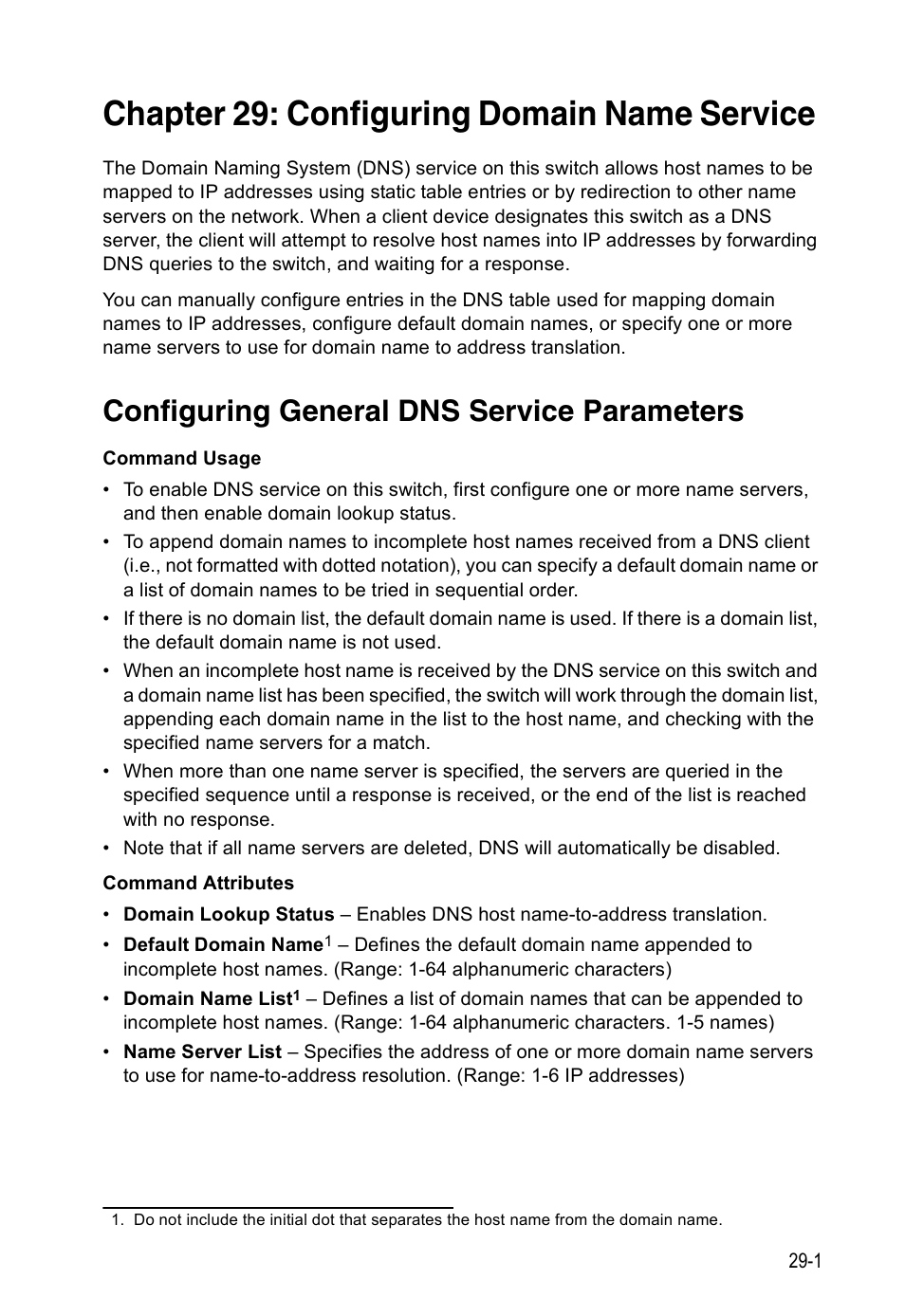 Chapter 29: configuring domain name service, Configuring general dns service parameters, Configuring domain name service | Accton Technology ES4524D User Manual | Page 261 / 588