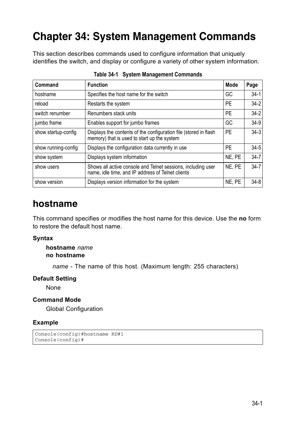 Chapter 34: system management commands, Hostname, Hostname 34-1 | Table 34-1, System management commands | Accton Technology ES4524D User Manual | Page 291 / 588