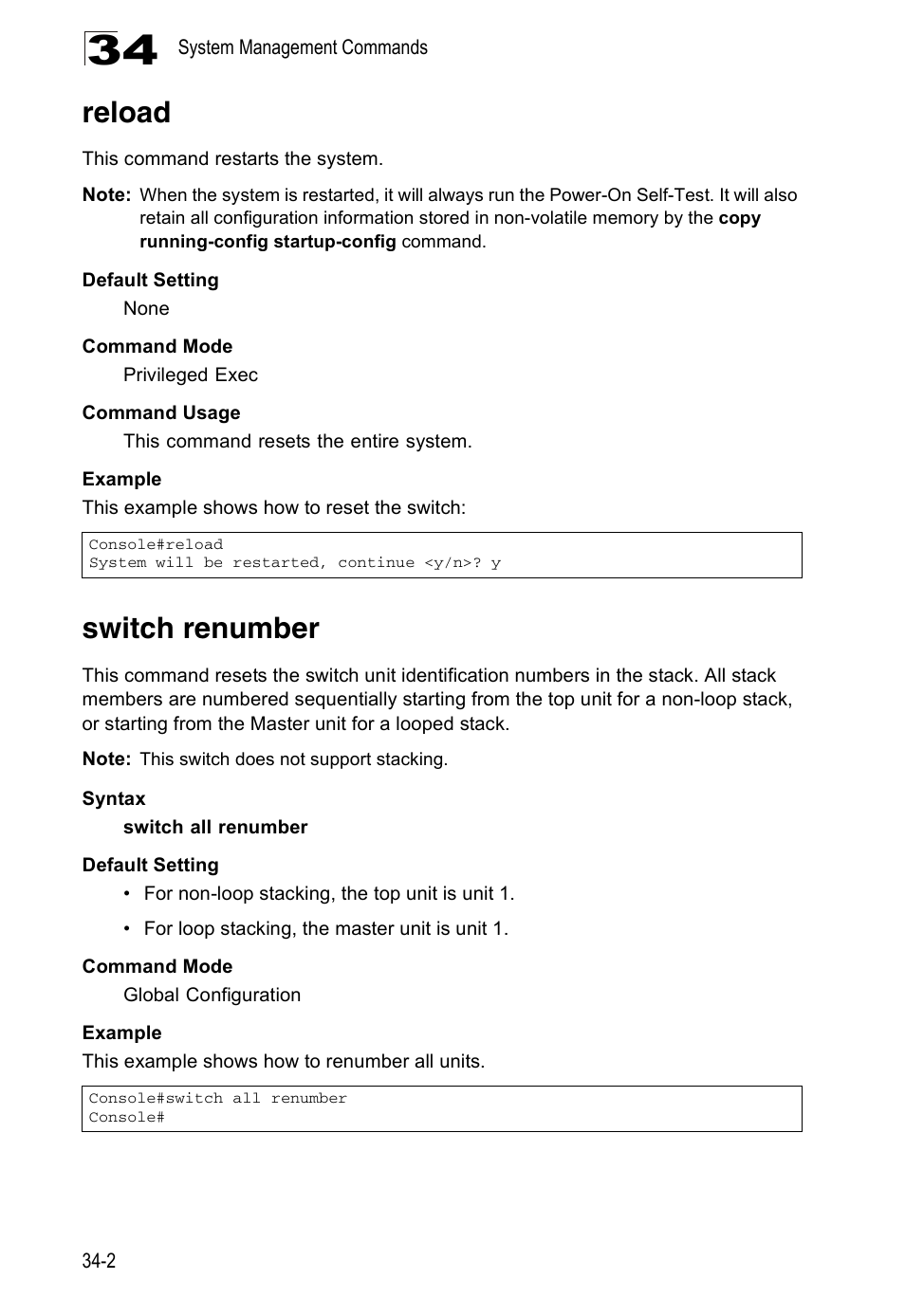 Reload, Switch renumber, Reload 34-2 switch renumber | Accton Technology ES4524D User Manual | Page 292 / 588