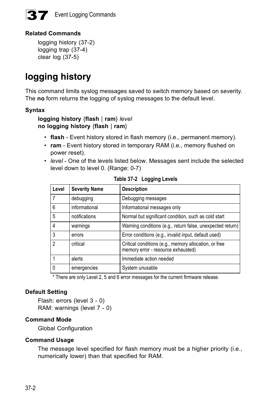 Logging history, Table 37-2, Logging levels | Accton Technology ES4524D User Manual | Page 320 / 588