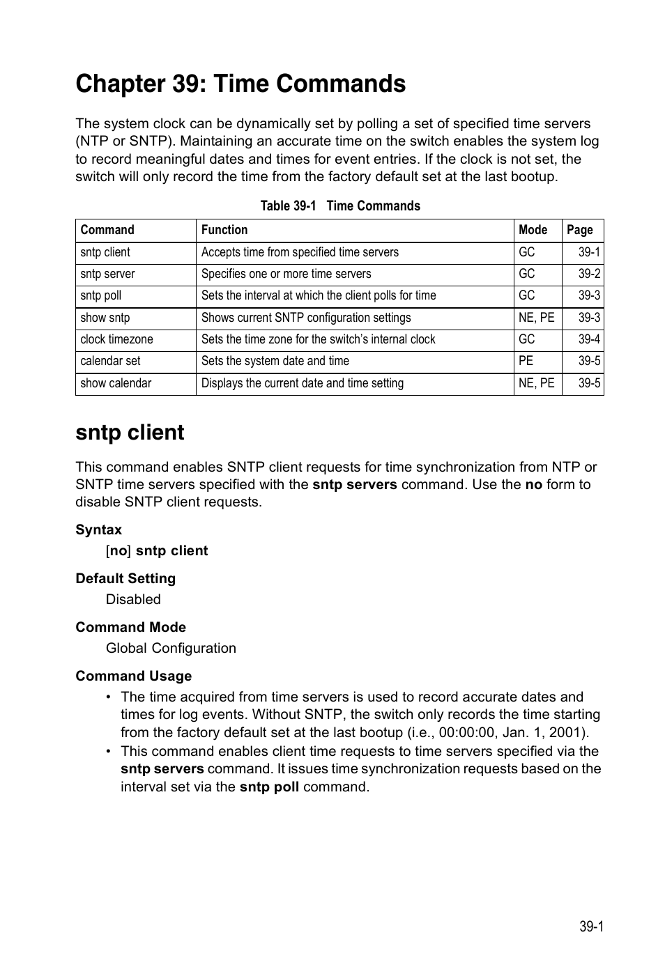 Chapter 39: time commands, Sntp client, Table 39-1 | Time commands | Accton Technology ES4524D User Manual | Page 331 / 588