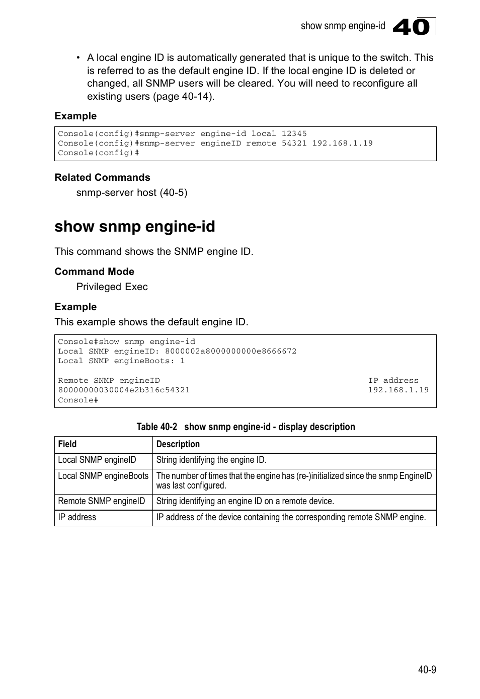 Show snmp engine-id, Table 40-2, Show snmp engine-id - display description | Accton Technology ES4524D User Manual | Page 345 / 588