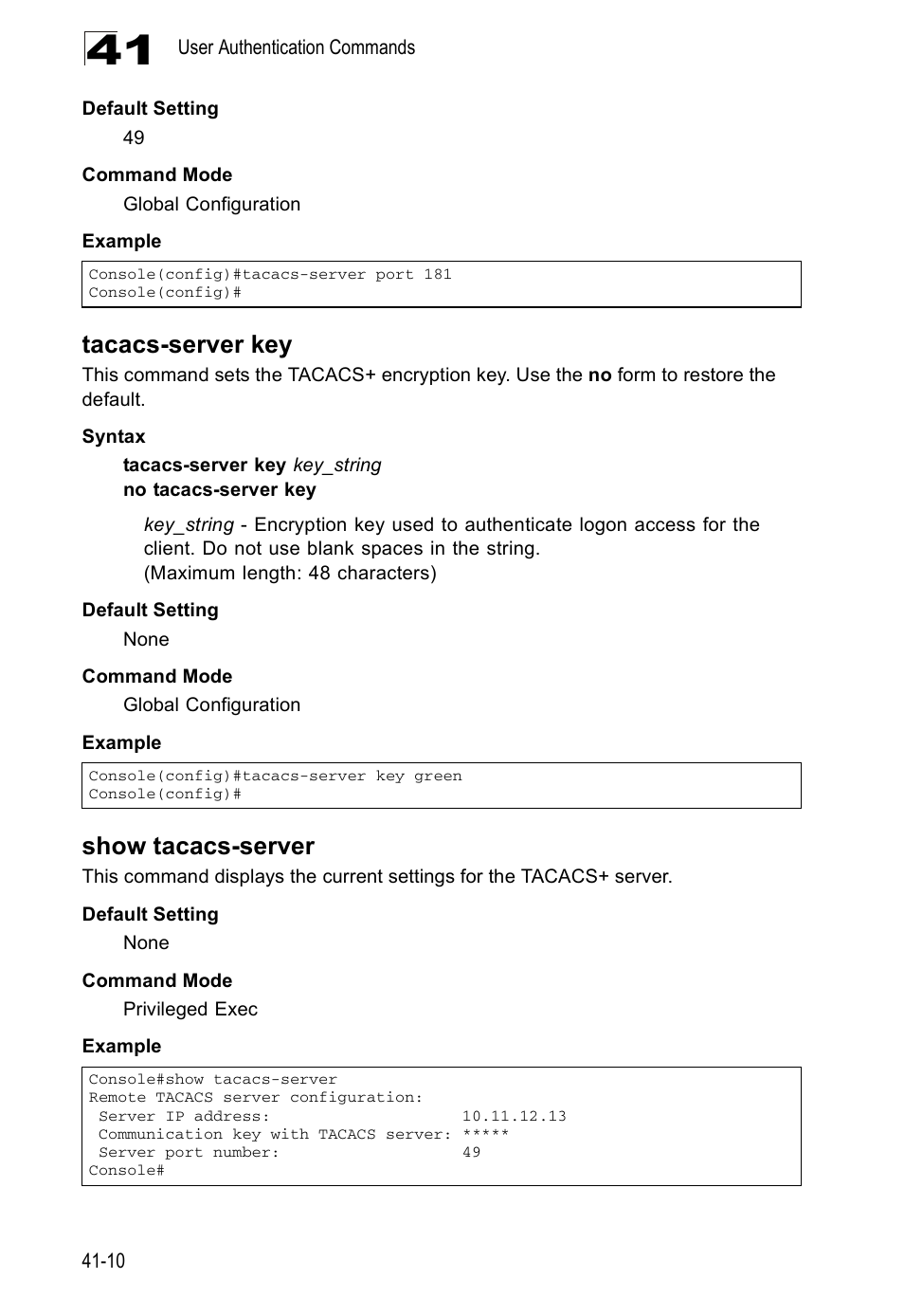 Tacacs-server key, Show tacacs-server | Accton Technology ES4524D User Manual | Page 362 / 588