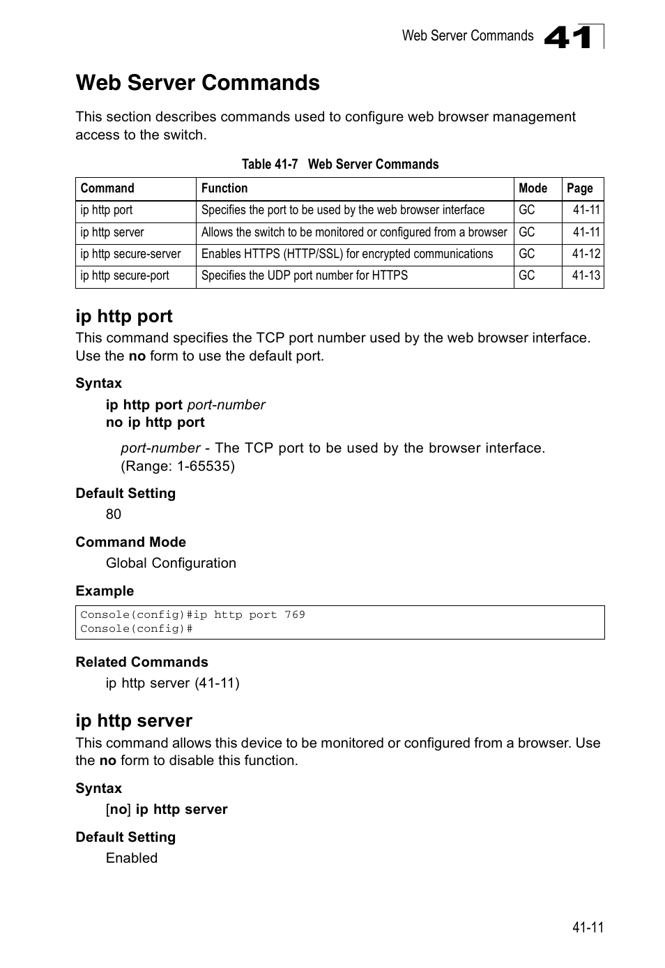 Web server commands, Ip http port, Ip http server | Table 41-7 | Accton Technology ES4524D User Manual | Page 363 / 588