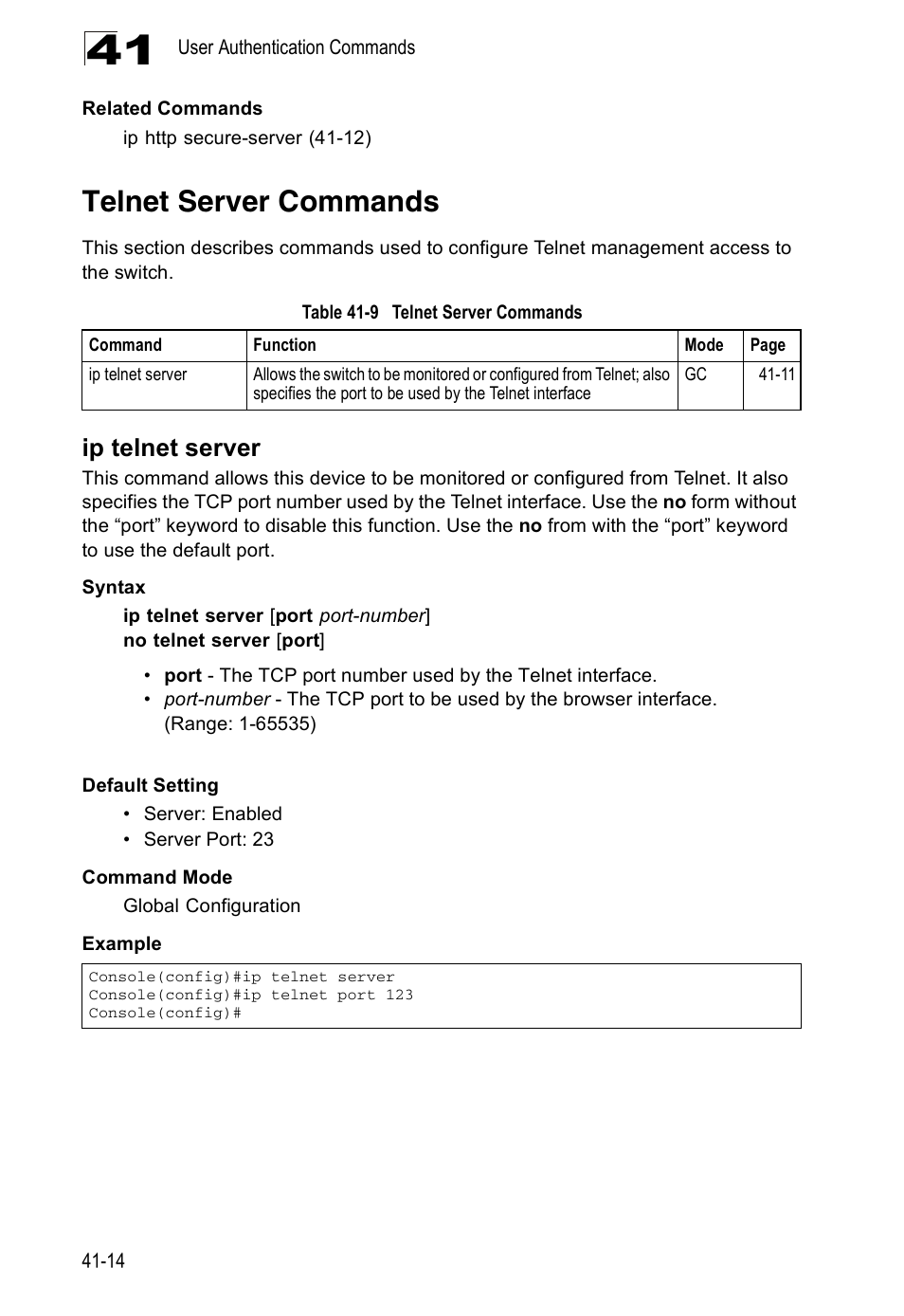 Telnet server commands, Ip telnet server, Table 41-9 | Accton Technology ES4524D User Manual | Page 366 / 588
