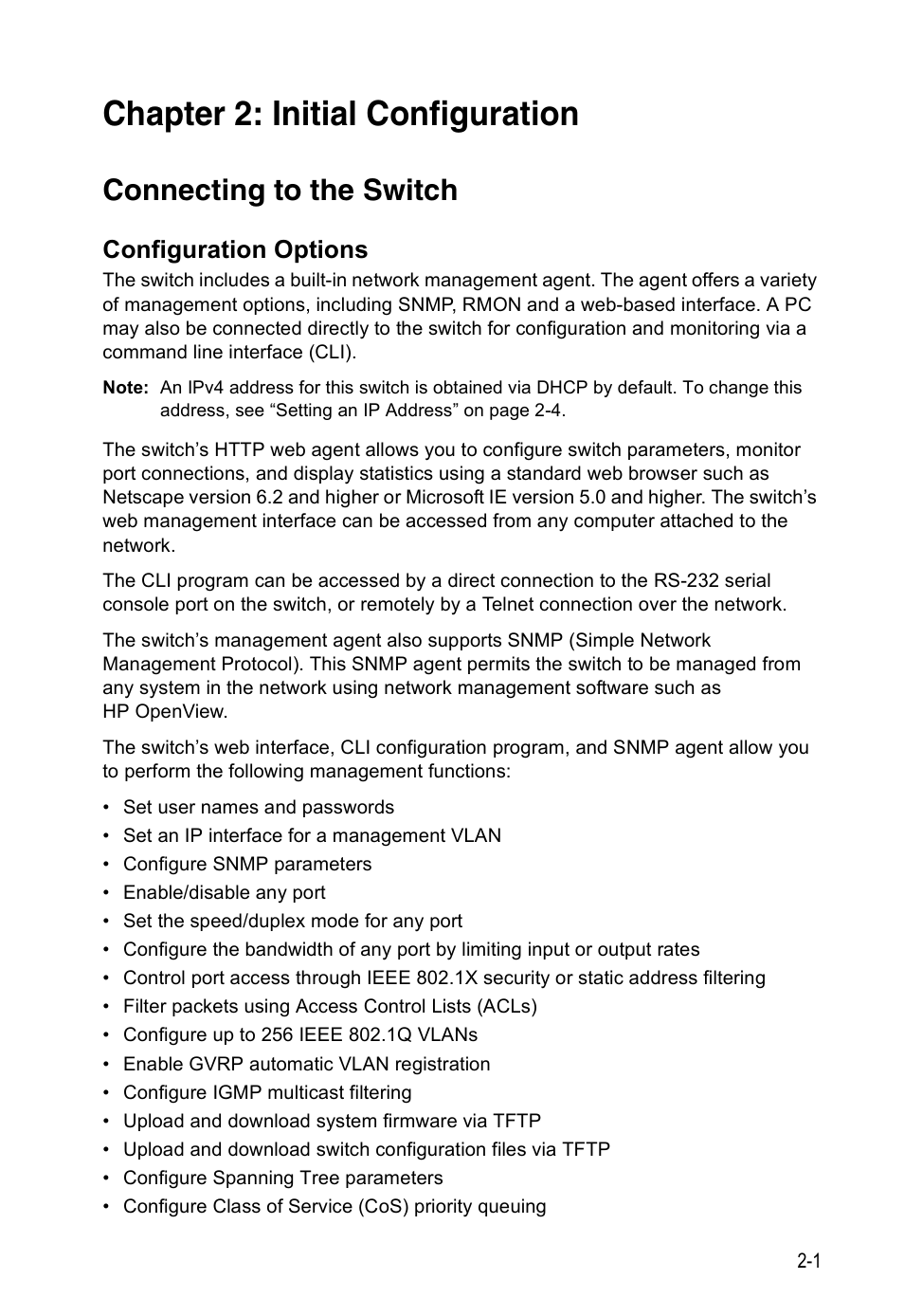 Chapter 2: initial configuration, Connecting to the switch, Configuration options | Initial configuration | Accton Technology ES4524D User Manual | Page 37 / 588