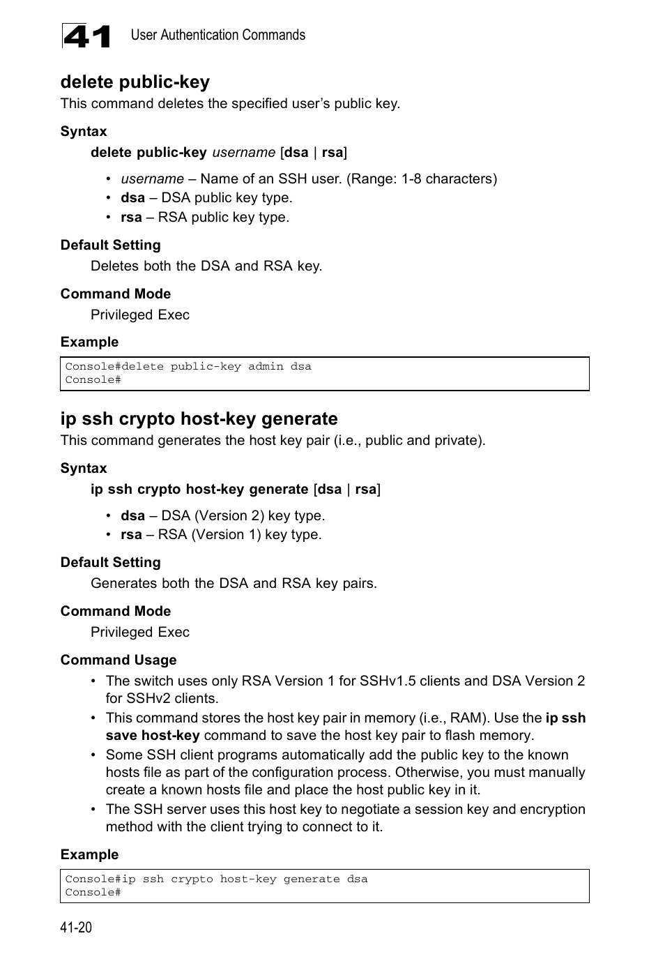 Delete public-key, Ip ssh crypto host-key generate, E ip ssh crypto host-key generate | Ip ssh crypto host-key generate (41-20) | Accton Technology ES4524D User Manual | Page 372 / 588