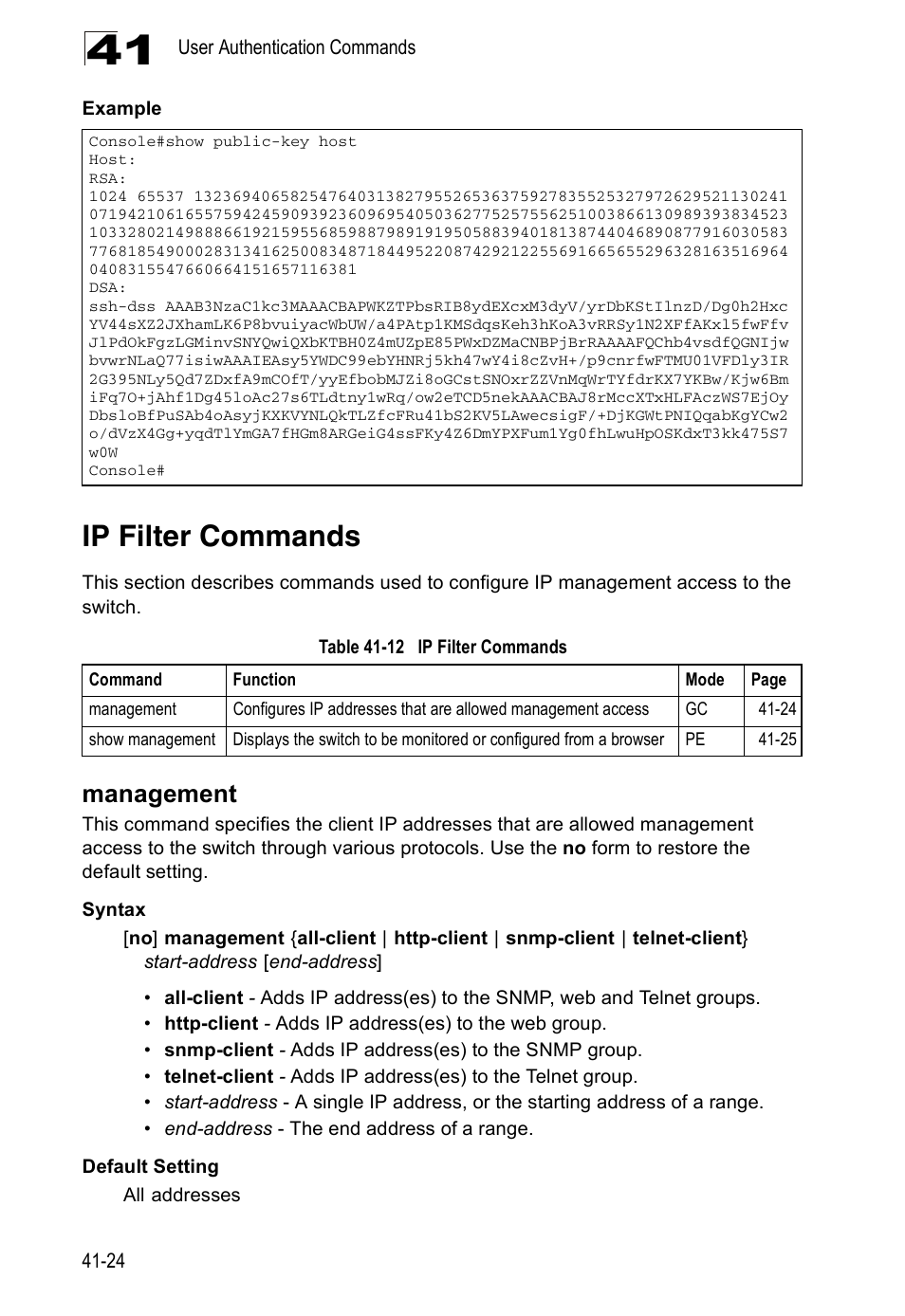 Ip filter commands, Management, Management 41-24 | Table 41-12 | Accton Technology ES4524D User Manual | Page 376 / 588