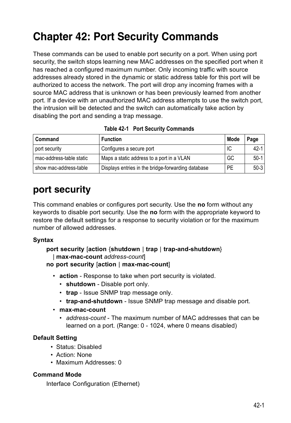 Chapter 42: port security commands, Port security, Table 42-1 | Port security commands | Accton Technology ES4524D User Manual | Page 379 / 588