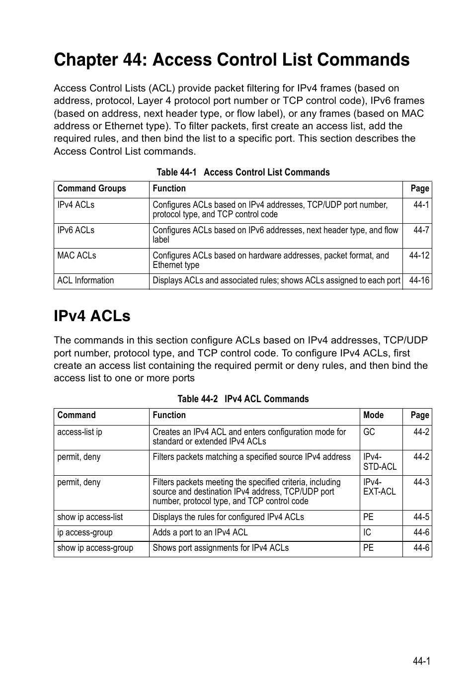 Chapter 44: access control list commands, Ipv4 acls, Table 44-1 | Access control list commands, Table 44-2, Ipv4 acl commands | Accton Technology ES4524D User Manual | Page 389 / 588