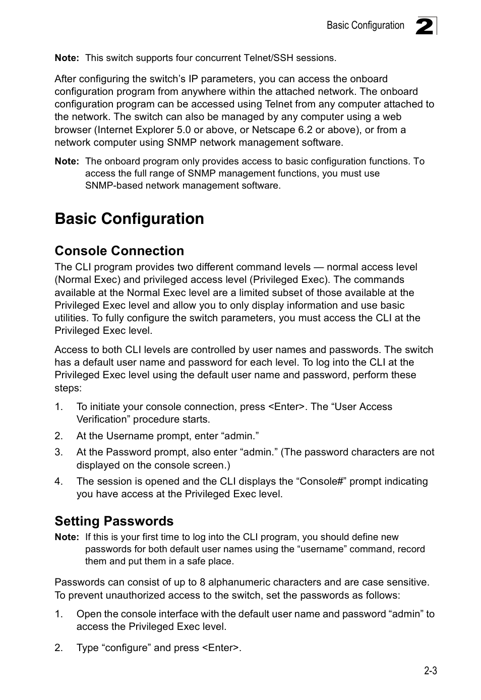 Basic configuration, Console connection, Setting passwords | Accton Technology ES4524D User Manual | Page 39 / 588