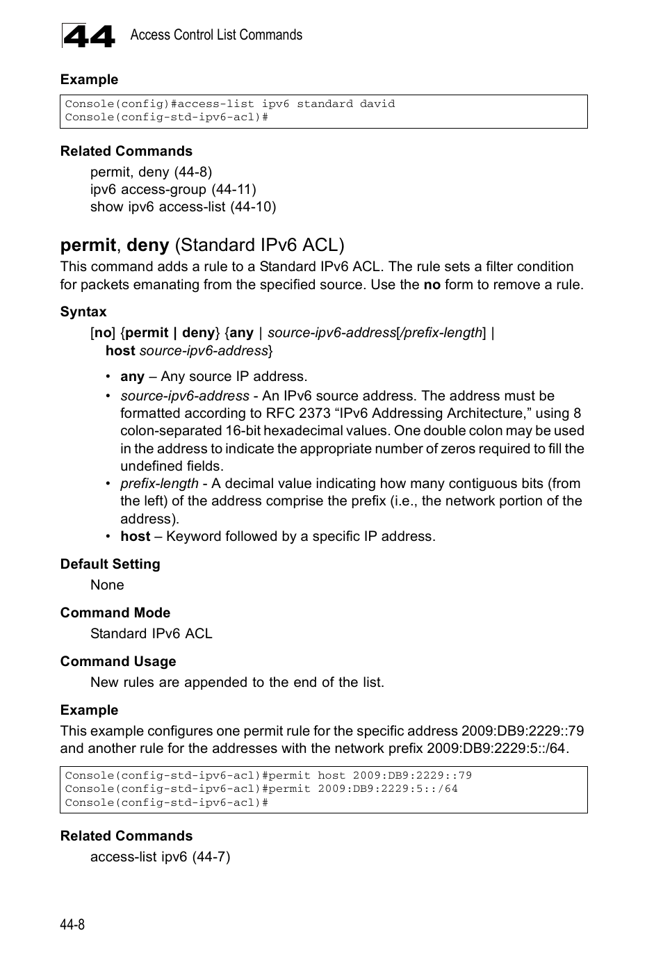 Permit, deny (standard ipv6 acl), Permit , deny (standard ipv6 acl) | Accton Technology ES4524D User Manual | Page 396 / 588