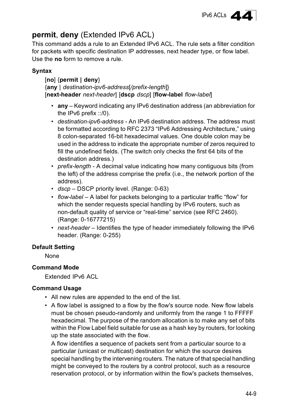 Permit, deny (extended ipv6 acl), Permit , deny (extended ipv6 acl) | Accton Technology ES4524D User Manual | Page 397 / 588