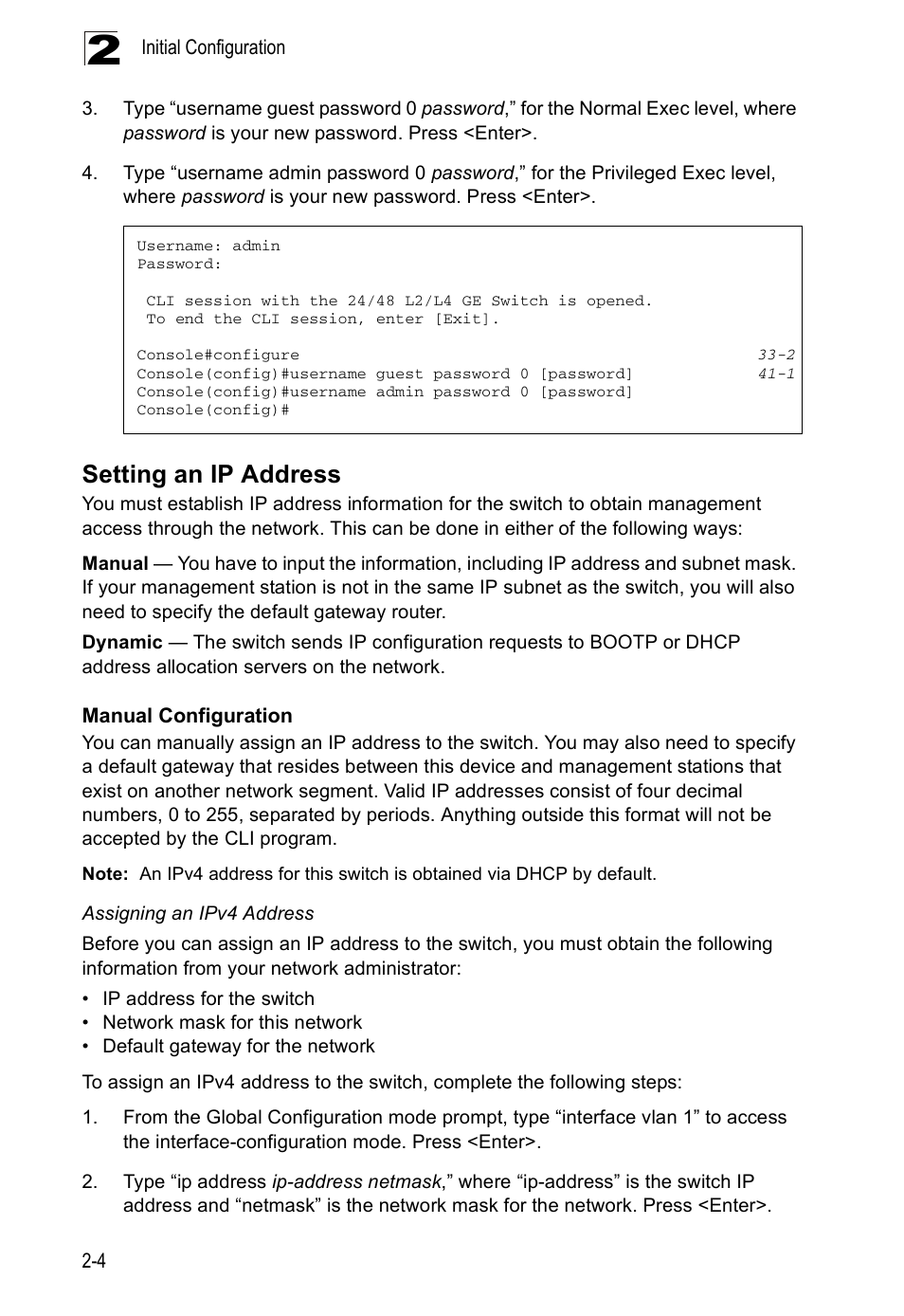 Setting an ip address, Manual configuration | Accton Technology ES4524D User Manual | Page 40 / 588
