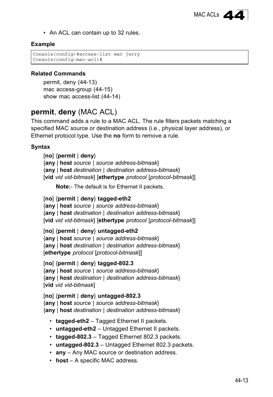 Permit, deny (mac acl), Permit , deny (mac acl) | Accton Technology ES4524D User Manual | Page 401 / 588