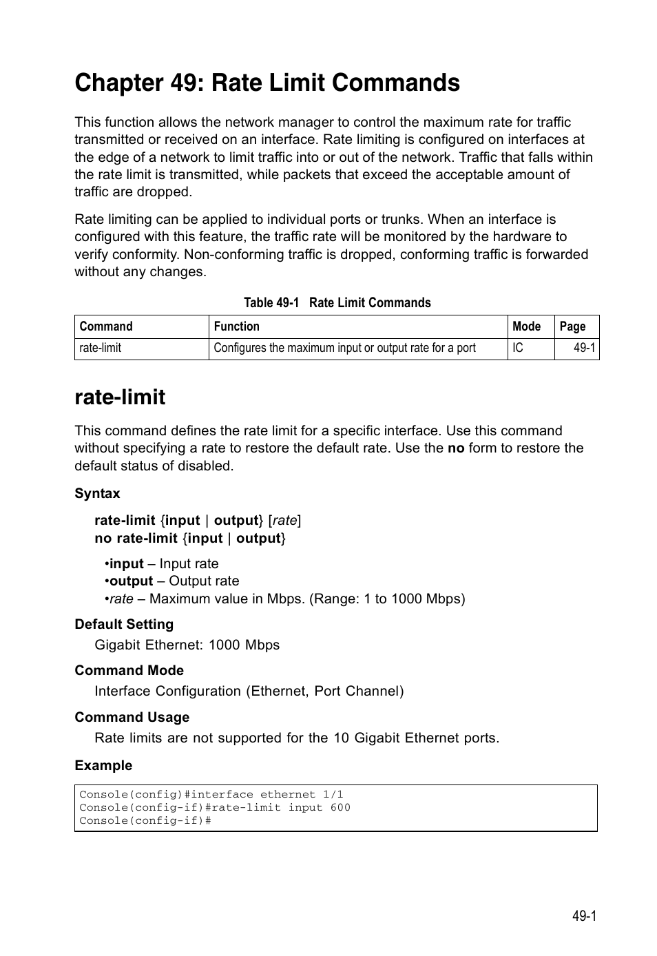 Chapter 49: rate limit commands, Rate-limit, Rate-limit 49-1 | Table 49-1, Rate limit commands | Accton Technology ES4524D User Manual | Page 435 / 588