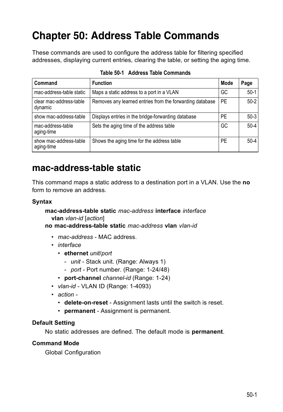 Chapter 50: address table commands, Mac-address-table static, Table 50-1 | Address table commands, Mac-address-table, Static, Mac-address-table static (50-1) | Accton Technology ES4524D User Manual | Page 437 / 588