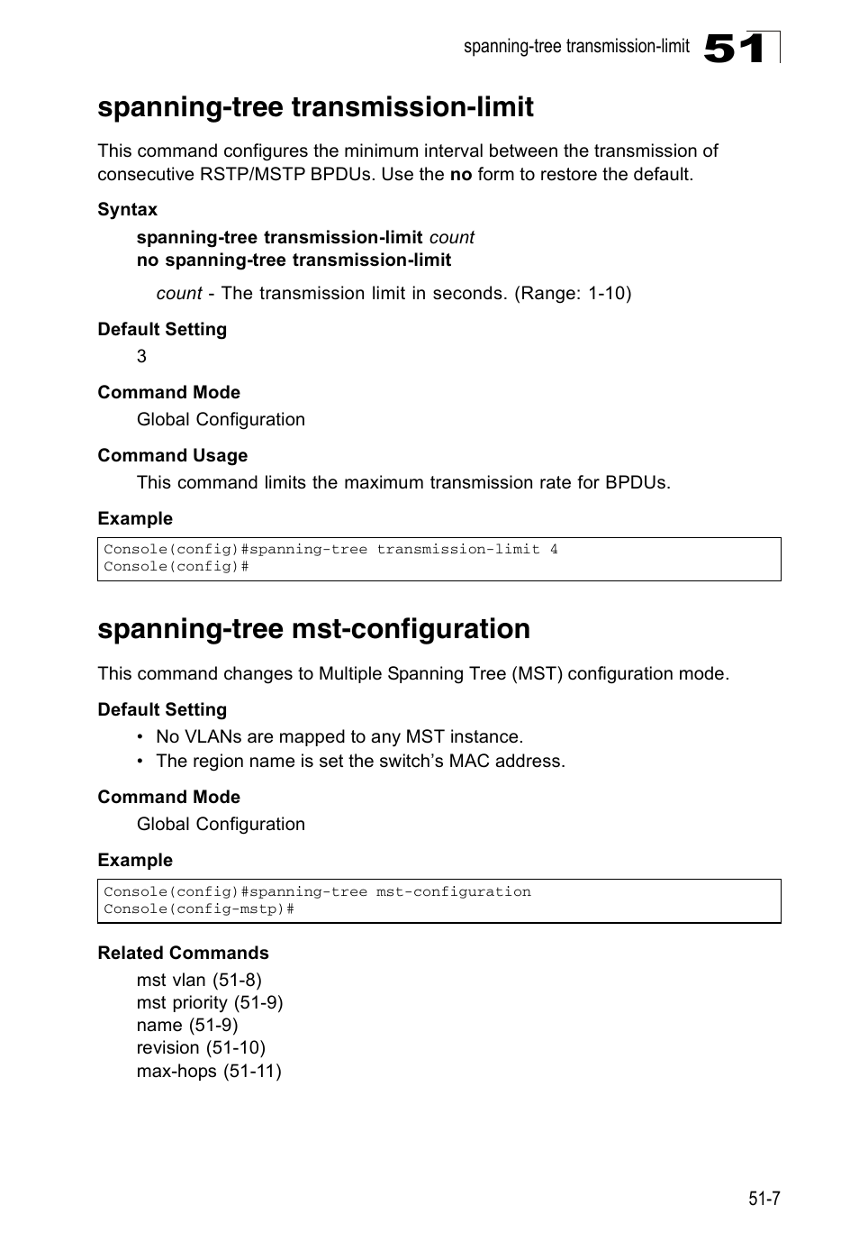 Spanning-tree transmission-limit, Spanning-tree mst-configuration | Accton Technology ES4524D User Manual | Page 447 / 588