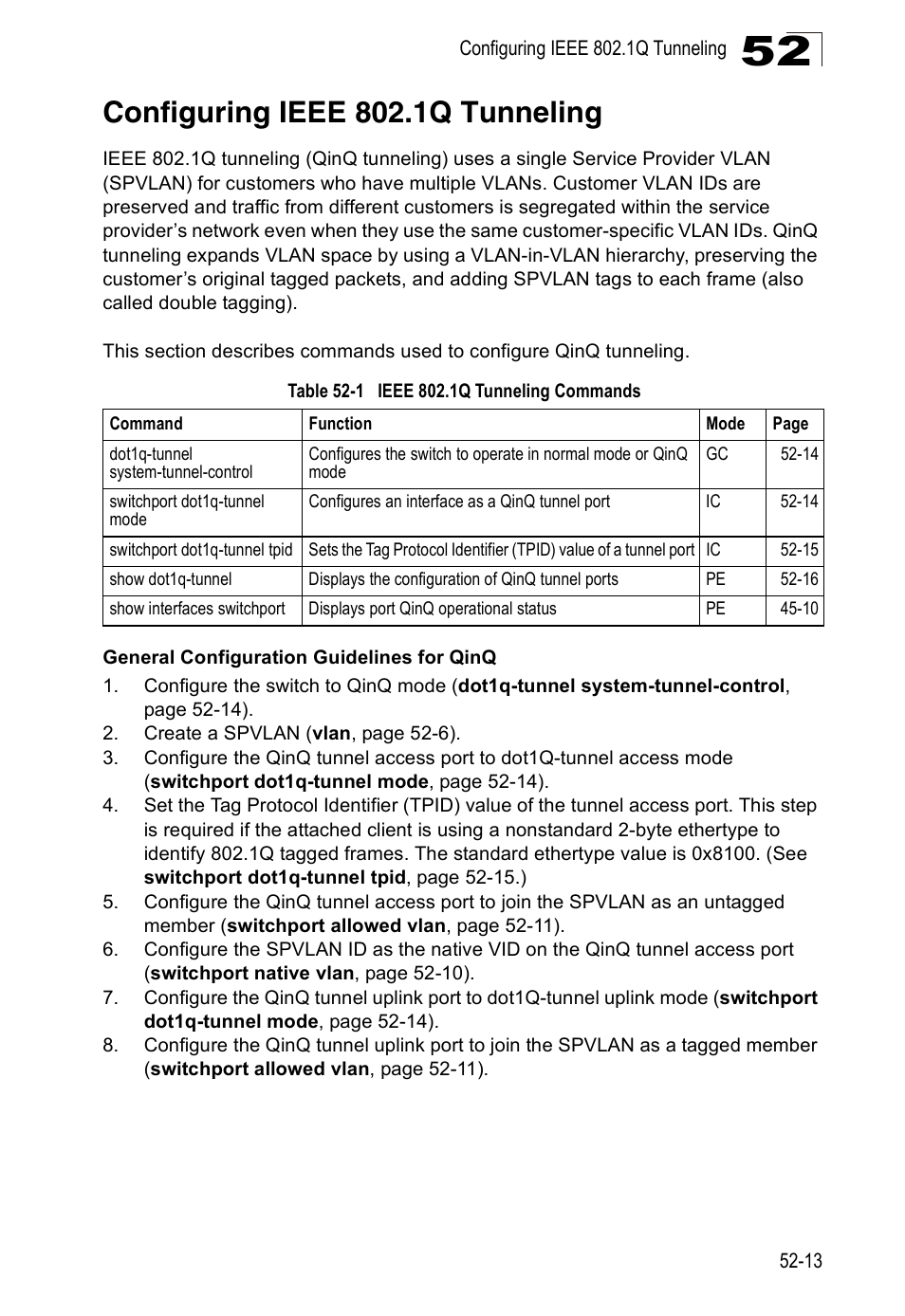 Configuring ieee 802.1q tunneling, Table 52-1, Ieee 802.1q tunneling commands | Accton Technology ES4524D User Manual | Page 473 / 588