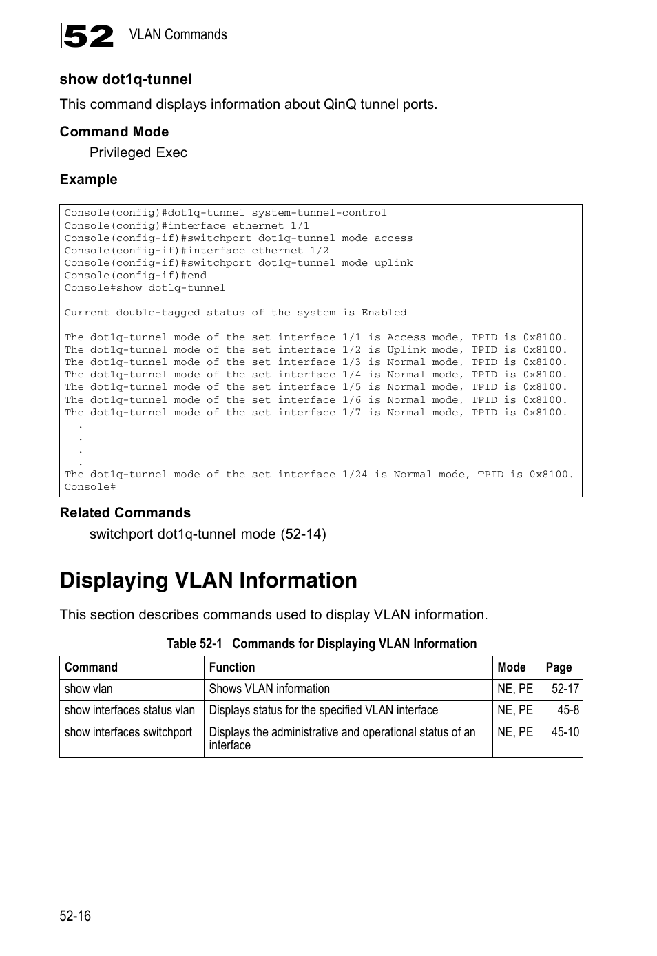 Show dot1q-tunnel, Displaying vlan information, Table 52-1 | Commands for displaying vlan information | Accton Technology ES4524D User Manual | Page 476 / 588