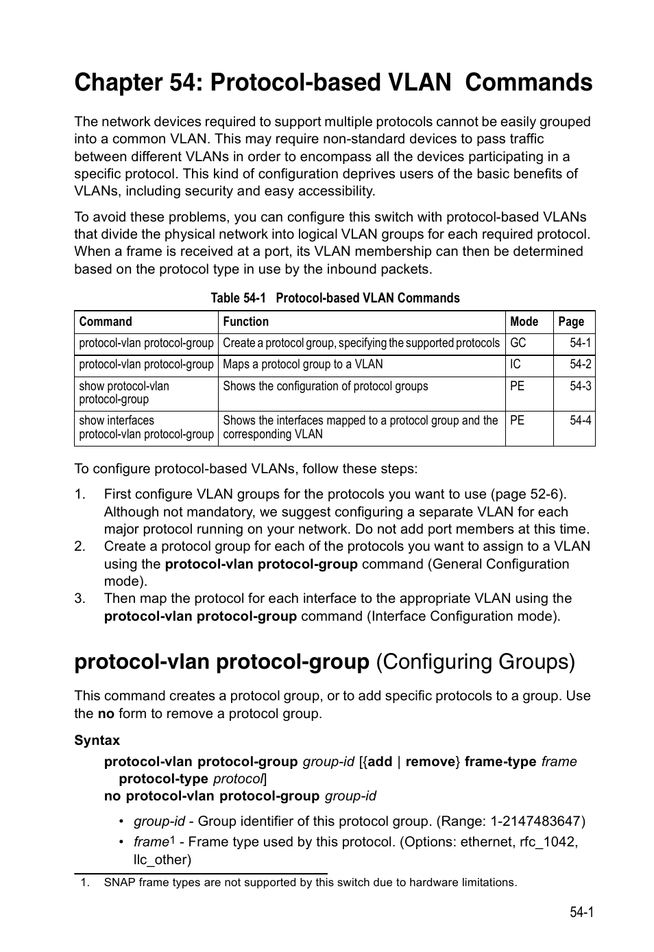 Chapter 54: protocol-based vlan commands, Protocol-vlan protocol-group (configuring groups), Table 54-1 | Protocol-based vlan commands | Accton Technology ES4524D User Manual | Page 481 / 588