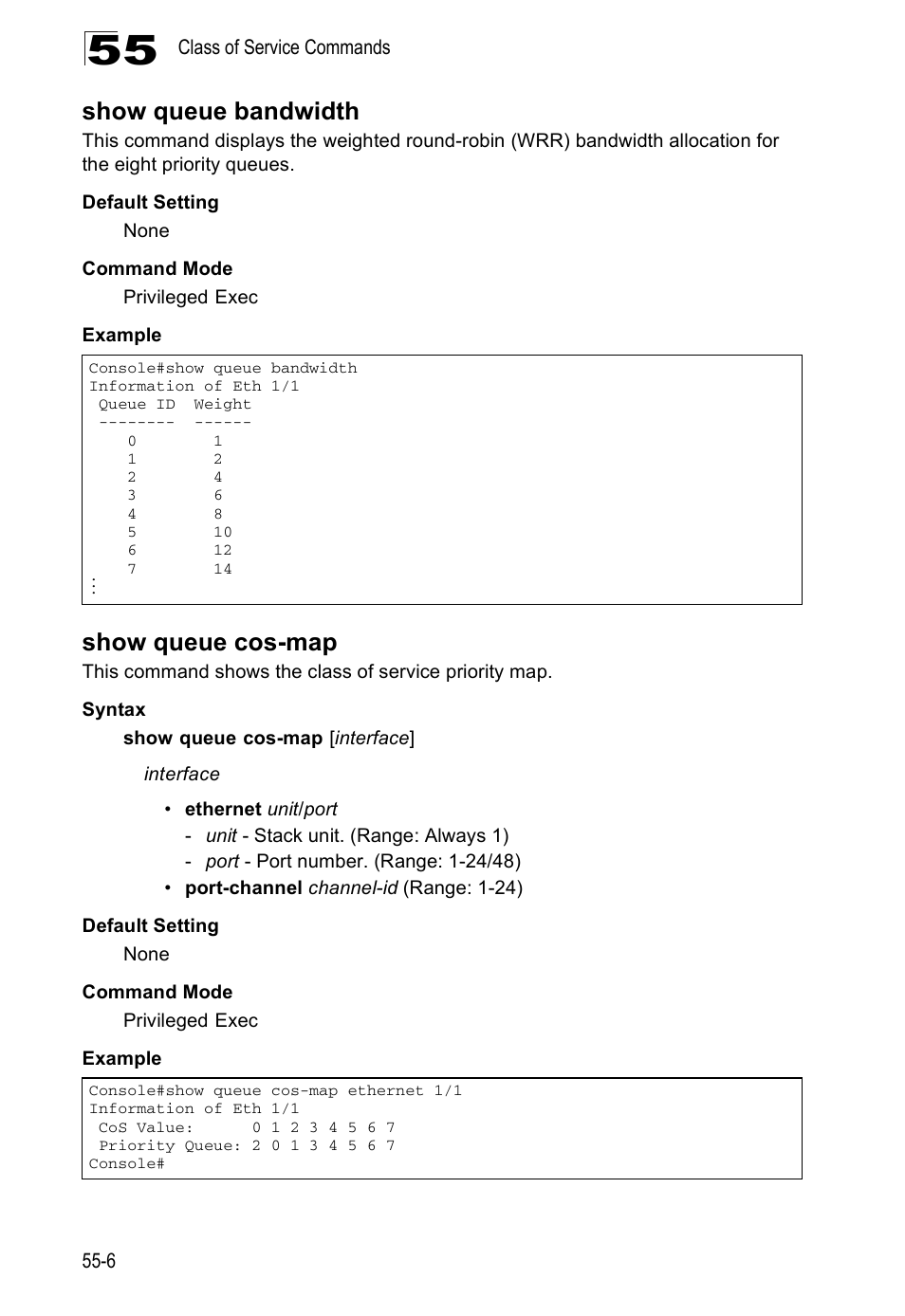 Show queue bandwidth, Show queue cos-map | Accton Technology ES4524D User Manual | Page 490 / 588