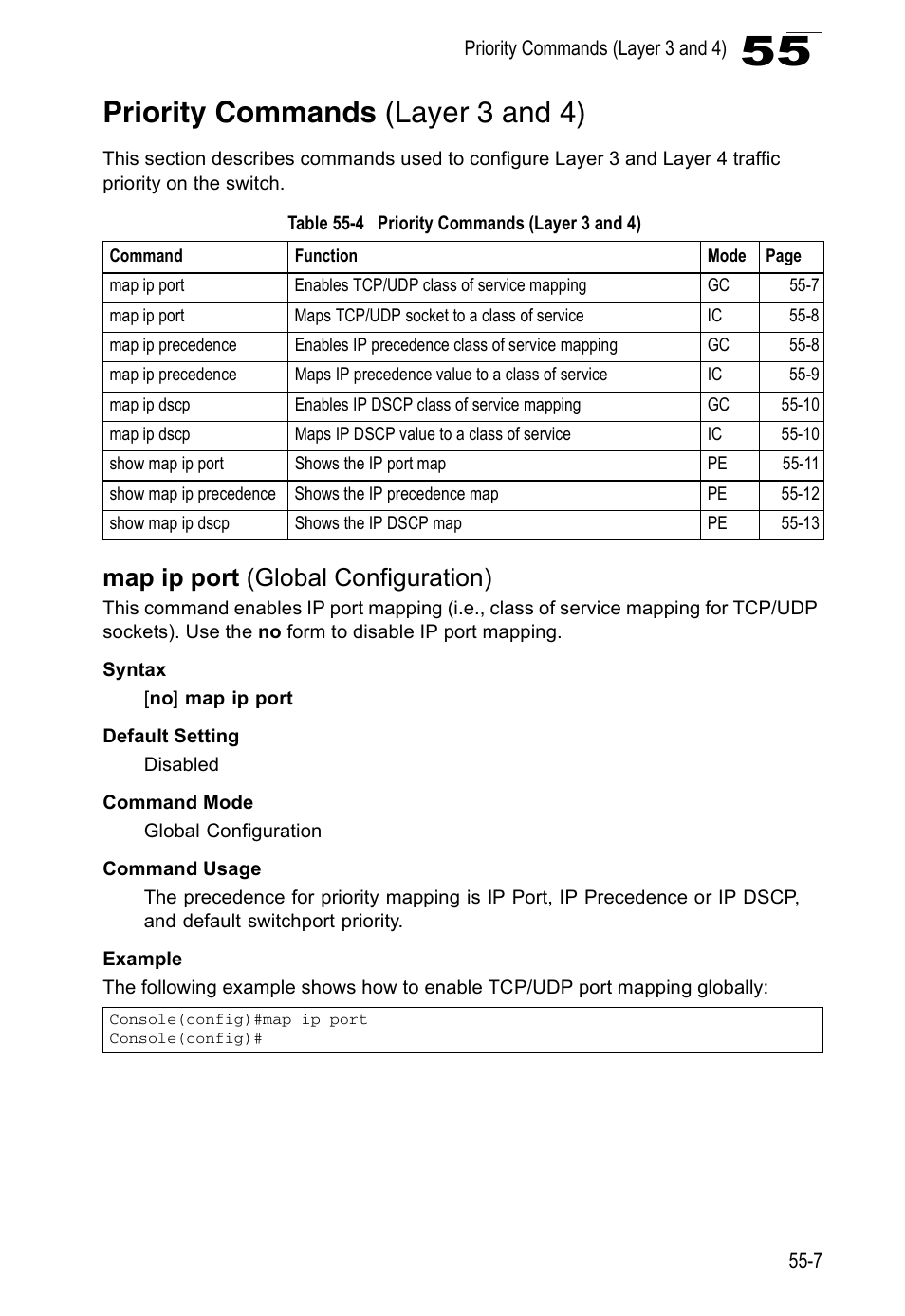 Priority commands (layer 3 and 4), Map ip port (global configuration), Table 55-4 | Accton Technology ES4524D User Manual | Page 491 / 588