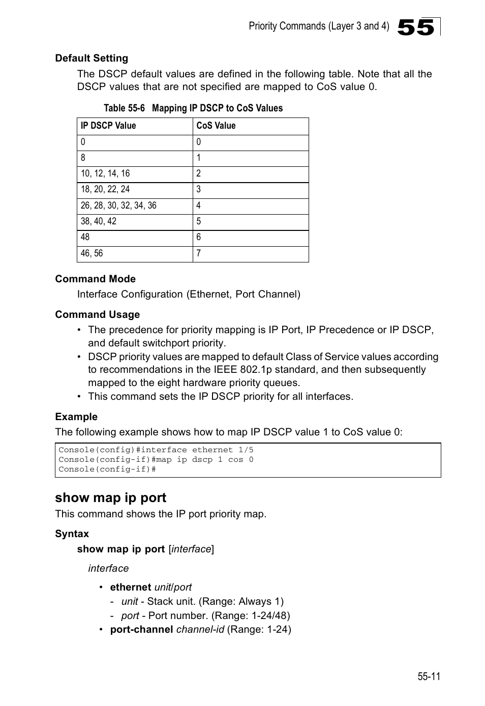 Show map ip port, Table 55-6, Mapping ip dscp to cos values | Accton Technology ES4524D User Manual | Page 495 / 588