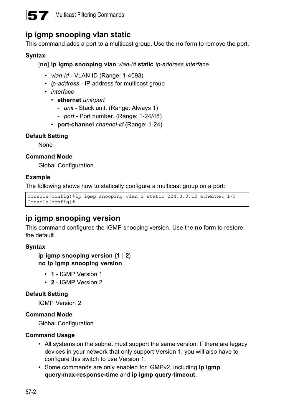 Ip igmp snooping vlan static, Ip igmp snooping version | Accton Technology ES4524D User Manual | Page 510 / 588