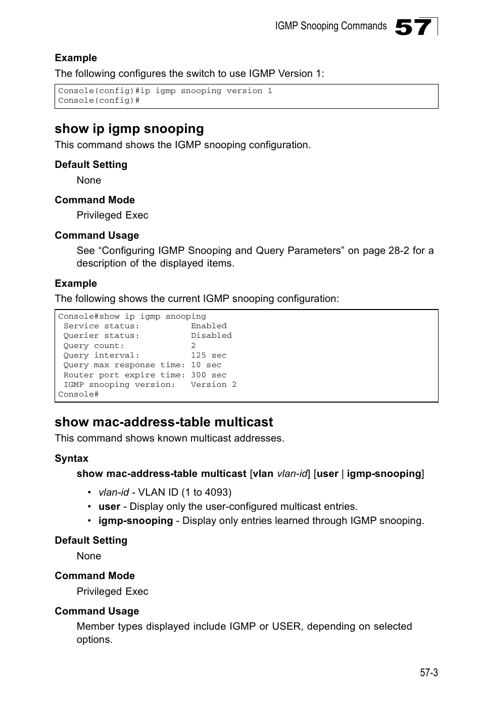 Show ip igmp snooping, Show mac-address-table multicast | Accton Technology ES4524D User Manual | Page 511 / 588