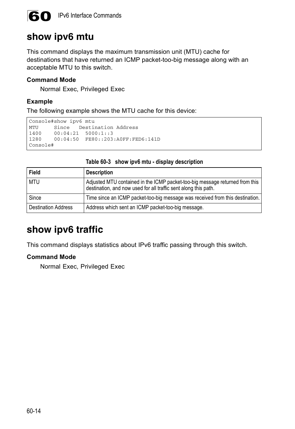 Show ipv6 mtu, Show ipv6 traffic, Table 60-3 | Show ipv6 mtu - display description | Accton Technology ES4524D User Manual | Page 546 / 588