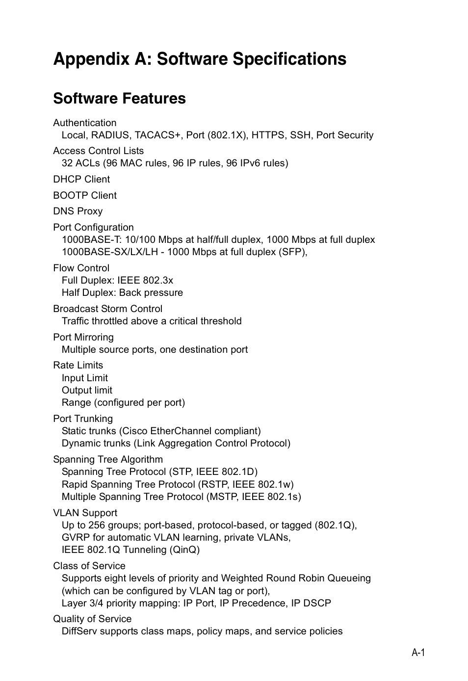 Appendix a: software specifications, Software features, Software specifications | Accton Technology ES4524D User Manual | Page 569 / 588