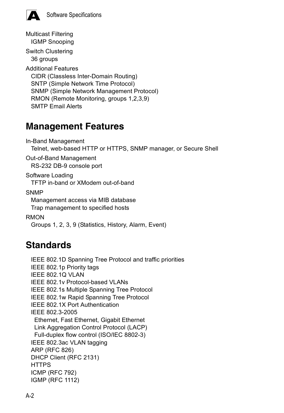 Management features, Standards, Standards a-2 | Accton Technology ES4524D User Manual | Page 570 / 588