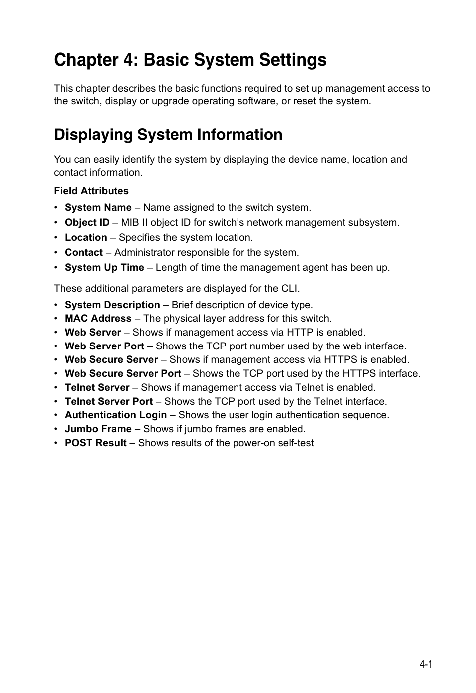 Chapter 4: basic system settings, Displaying system information, Basic system settings | Accton Technology ES4524D User Manual | Page 61 / 588