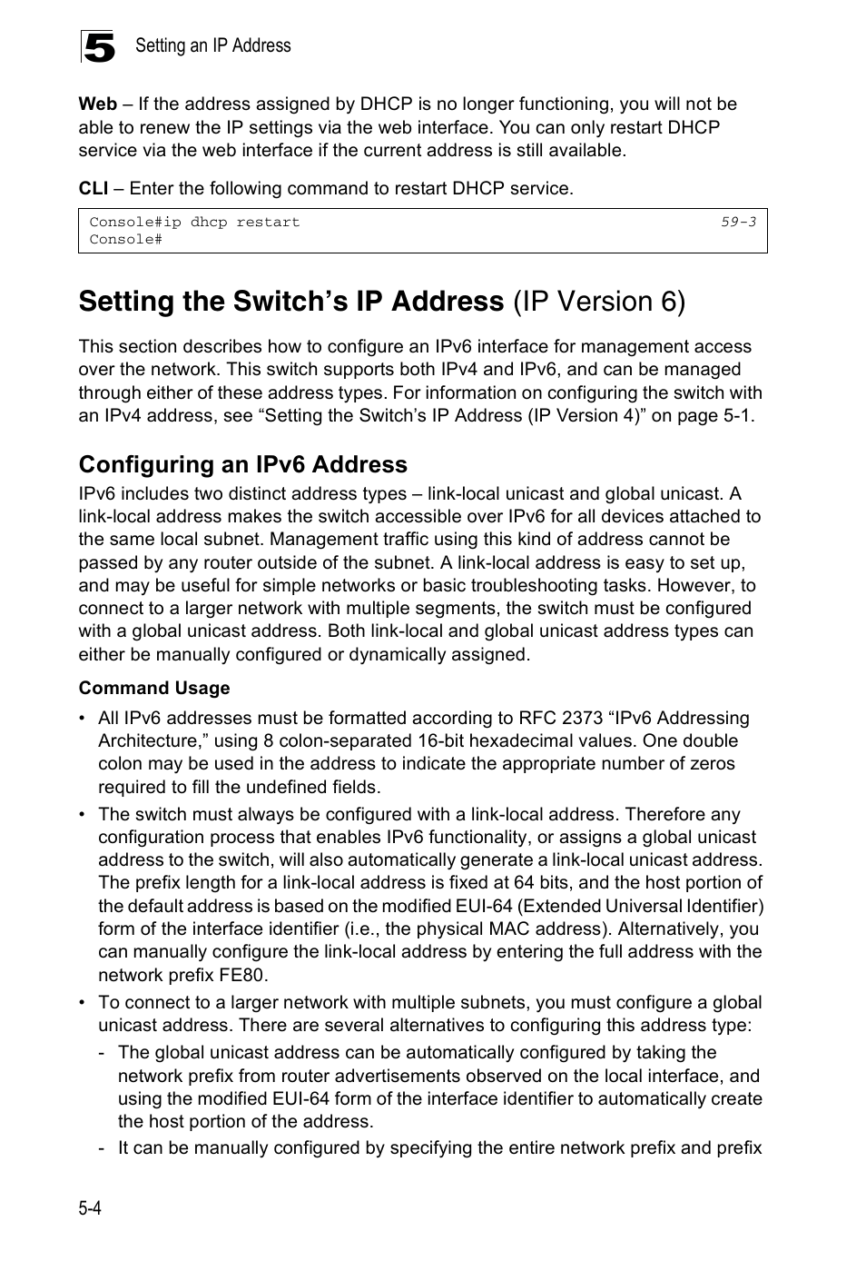 Setting the switch’s ip address (ip version 6), Configuring an ipv6 address | Accton Technology ES4524D User Manual | Page 72 / 588