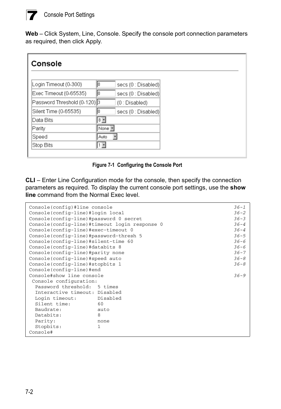 Figure 7-1, Configuring the console port, Console port settings 7-2 | Accton Technology ES4524D User Manual | Page 90 / 588