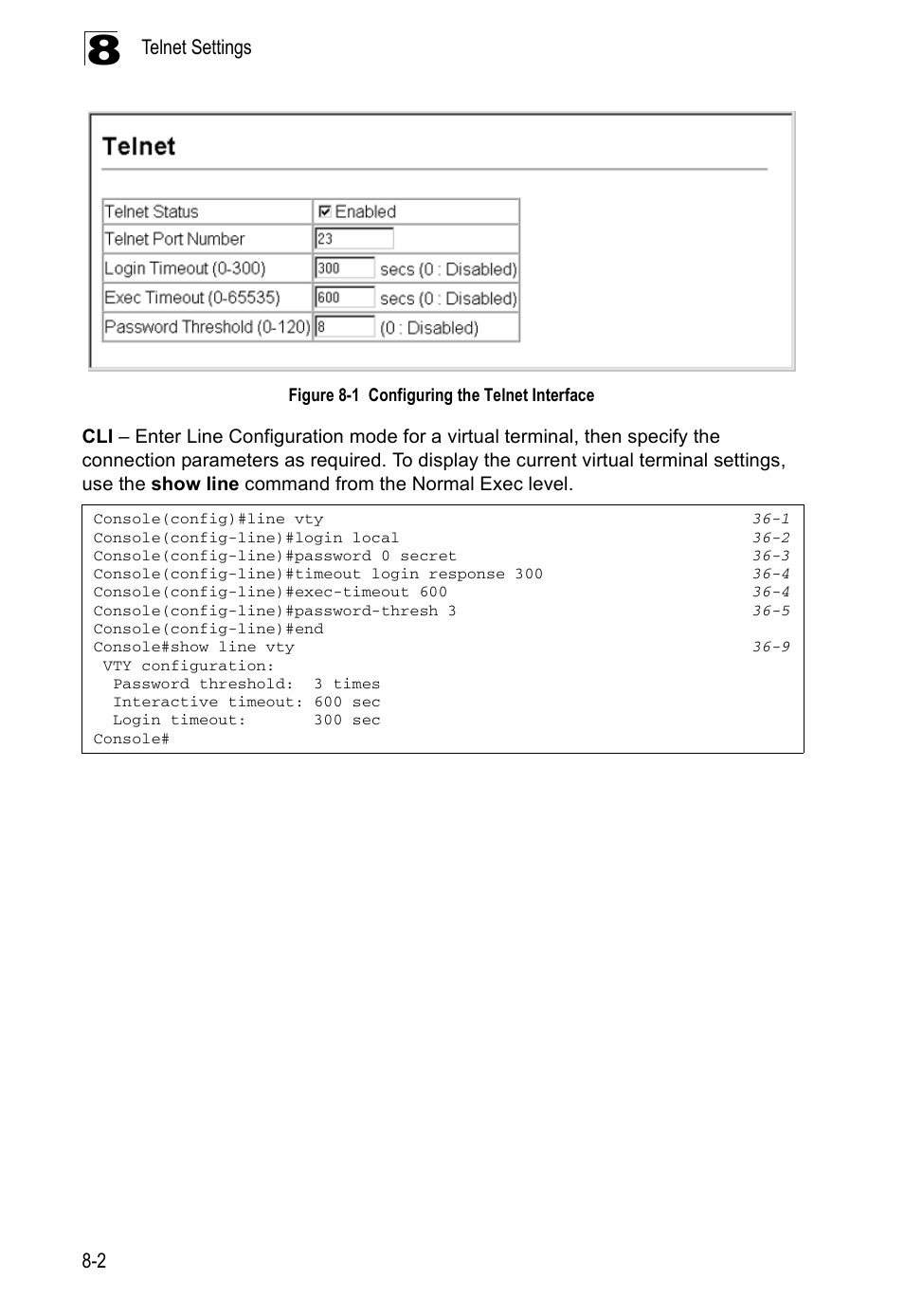 Figure 8-1, Configuring the telnet interface | Accton Technology ES4524D User Manual | Page 92 / 588